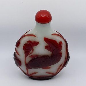 Early 20th Century Oversize Large Opaline Glass Snuff Bottle With Red Overlay